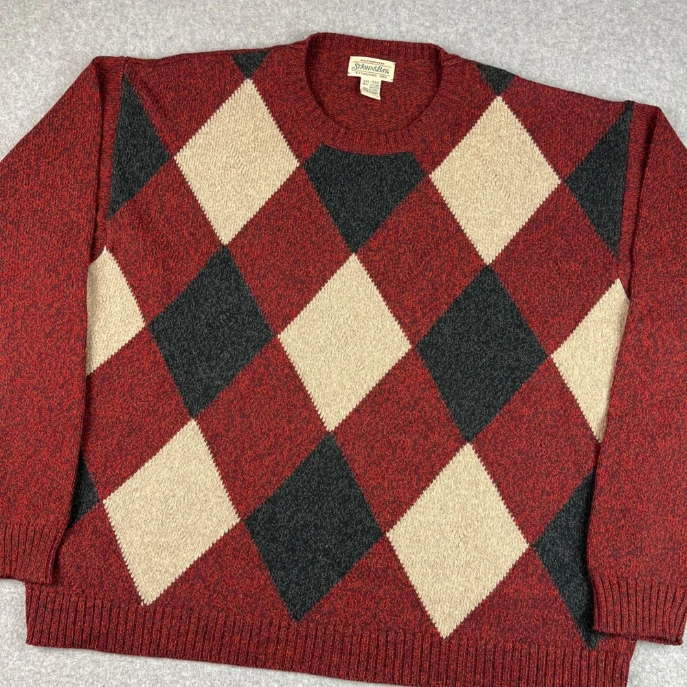 St Johns Bay Sweater Mens 2XL Red Argyle Cotton Crewneck Long Sleeve Knit
